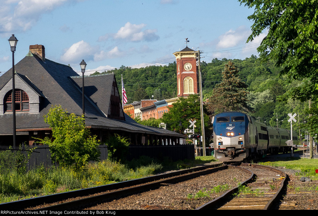 AMTK 98 leads the westbound New England Section of the Lake Shore Limited through Chatham, NY on CSX's Boston Line